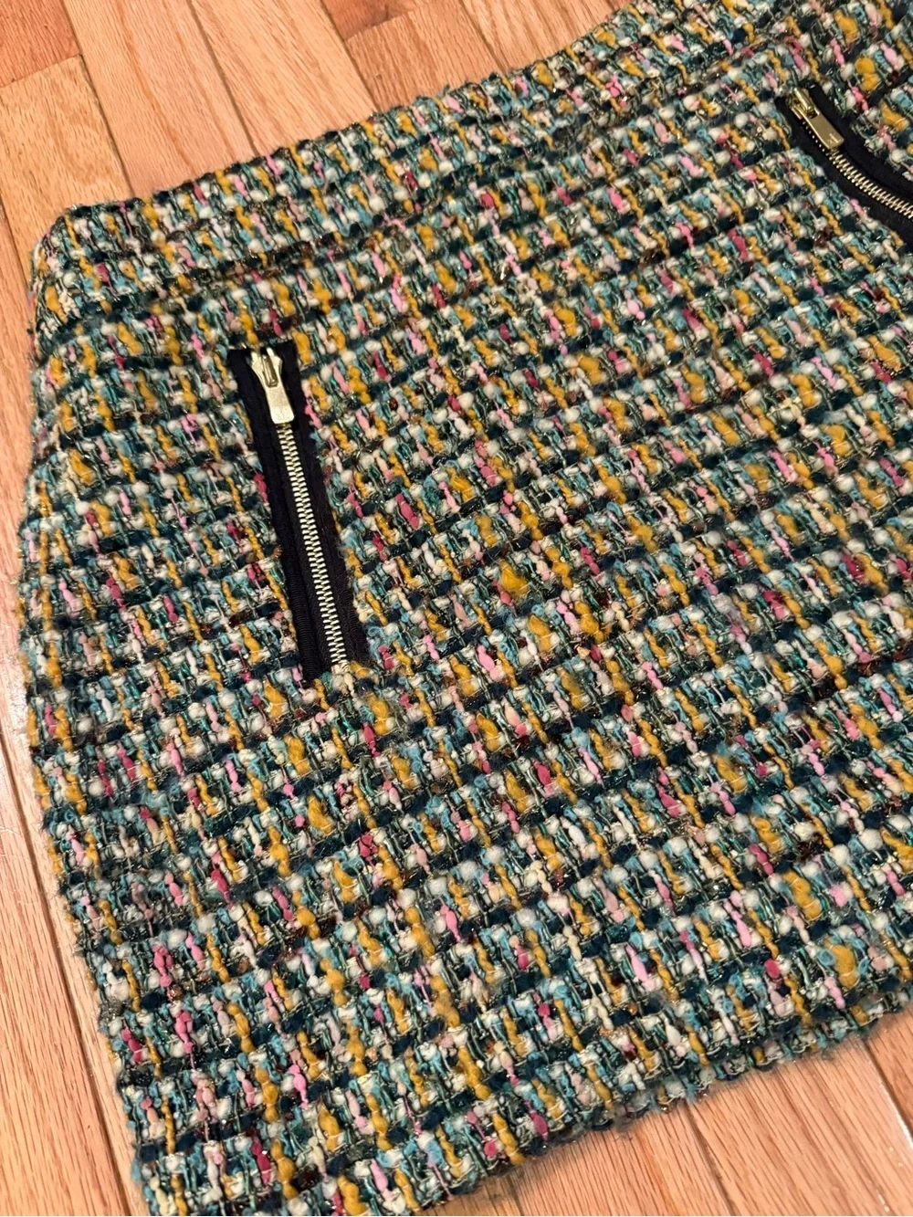 J. Crew women’s multicolor tweed virgin wool mini skirt  gold zipper detail